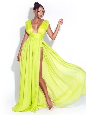 Miss Circle Valley of Angels Neon Lime Plunging V-Neck High-Slit Maxi Dress